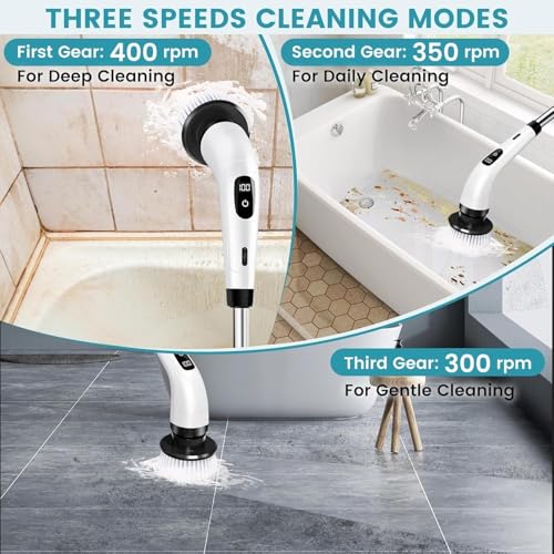 Seseno 9 in 1 Electric Spin Scrubber, Cleaning Brush Scrubber for Home, 300RPM/Min, 8 Replaceable Brush Heads, 3 Adjustable Size, 2 Adjustable Speeds, for Bathroom, Floor Tiles - Image 4