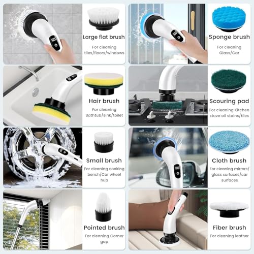 Seseno 9 in 1 Electric Spin Scrubber, Cleaning Brush Scrubber for Home, 300RPM/Min, 8 Replaceable Brush Heads, 3 Adjustable Size, 2 Adjustable Speeds, for Bathroom, Floor Tiles - Image 5