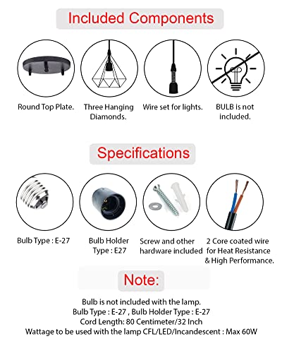 Homesake Hanging Light Diamond Cluster-Modern Ceiling Pendant Light for Home Decoration, Living Room,Bedroom, and Dining Room, Stylish Chandelier, Contemporary Interior Design, Pack of 1, (Black) - Image 6