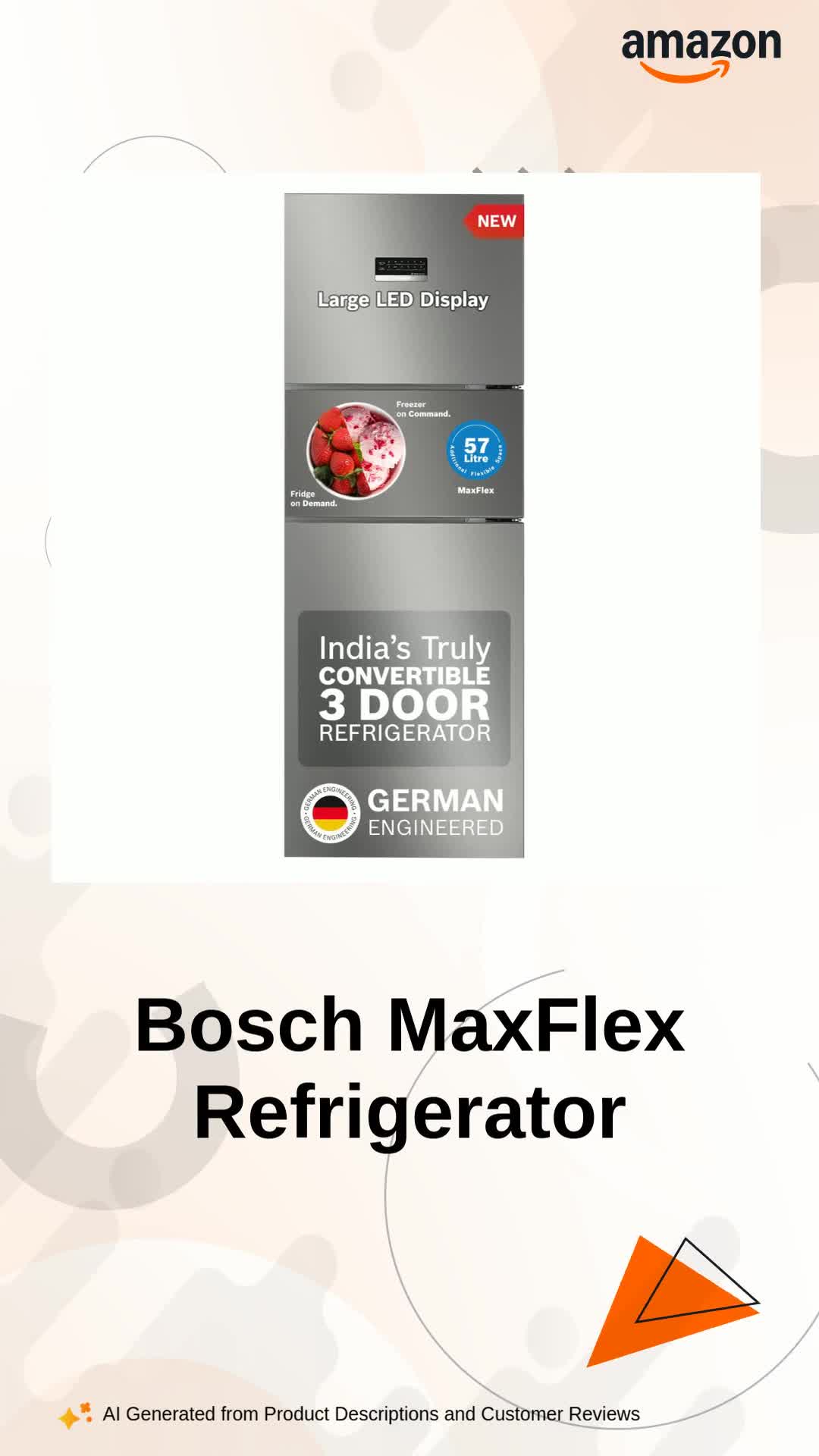 Bosch MaxFlex Convert 302L 3 Star Inverter Frost Free Triple Door Refrigerator (CMC33S03NI, 8-in-1 Convertible, UV Protected Body Shield, VitaFresh Technology, Adaptive UI, Shiny Silver) - Image 2