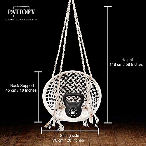 Patiofy Single Seater Home Swing For Adults&Kids|Suitable For Living Room/Balcony/Outdoor|Capacity Upto 120 Kgs|Includes Free Hanging Accessories|Handmade Jhula With Premium White Cotton Rope, 66 Cm - Image 5