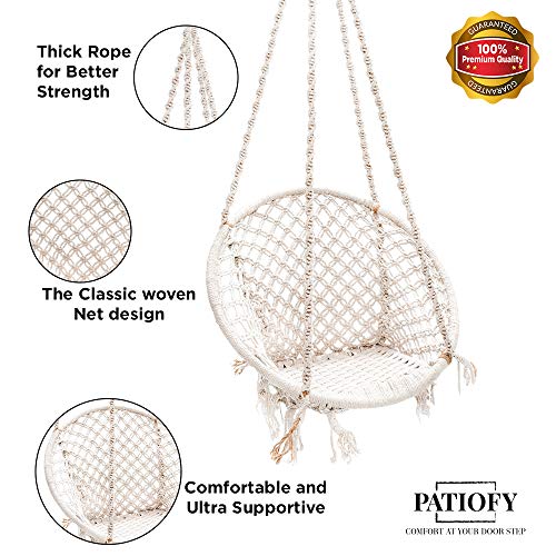 Patiofy Single Seater Home Swing For Adults&Kids|Suitable For Living Room/Balcony/Outdoor|Capacity Upto 120 Kgs|Includes Free Hanging Accessories|Handmade Jhula With Premium White Cotton Rope, 66 Cm - Image 6