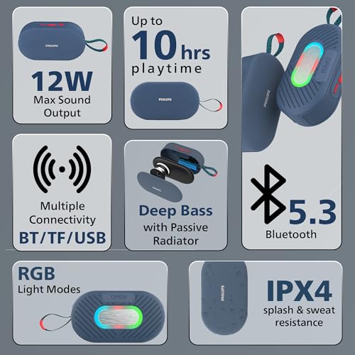 PHILIPS Audio TAS1400BL Wireless Bluetooth Speaker with Deep Bass, Passive Radiator, 12W Sound Output, 1200mAh Rechargable Battery, RGB Light Modes, 10H Playtime, Supports TF/USB/BT Modes (Blue) - Image 4