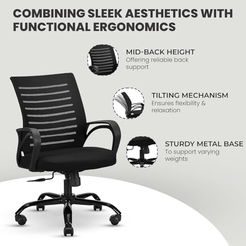 Diego Mid-Back Mesh Office Chair | 3 Year Warranty | Ergonomic Study | Computer Chair with Revolving Base | Tilting & Height Adjustable Mechanism | Heavy-Duty Metal Base (Black) (DIY) - Image 5