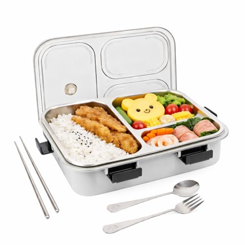 Brand Conquer Lunch Box Leak-Proof BPA Free Stainless Steel for School, Lunch Box for School & Office with a Fork, a Spoon and a Pair of Chopsticks (Grey, 3 Compartment)