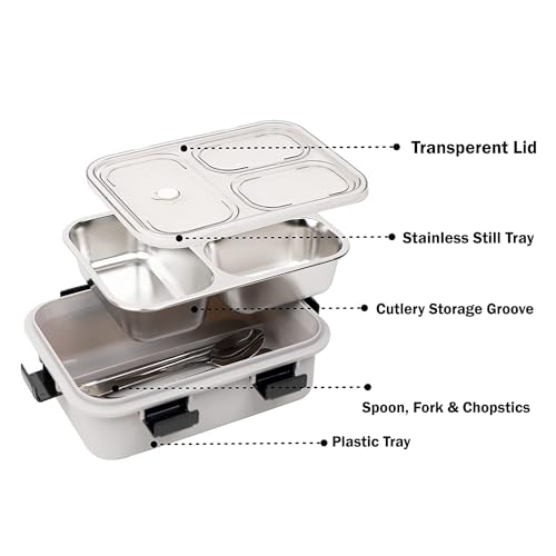 Brand Conquer Lunch Box Leak-Proof BPA Free Stainless Steel for School, Lunch Box for School & Office with a Fork, a Spoon and a Pair of Chopsticks (Grey, 3 Compartment) - Image 3