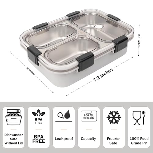 Brand Conquer Lunch Box Leak-Proof BPA Free Stainless Steel for School, Lunch Box for School & Office with a Fork, a Spoon and a Pair of Chopsticks (Grey, 3 Compartment) - Image 4