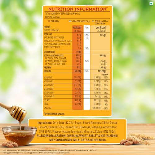 Kellogg's Corn Flakes Real Almond Honey 1kg | High in Iron, Vitamin B1, B2, B3, B6 & C | Naturally Cholesterol Free | Corn Flakes, Breakfast Cereal - Image 3