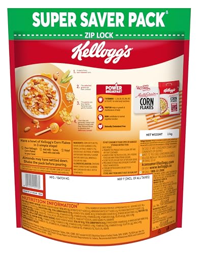 Kellogg's Corn Flakes Real Almond Honey 1kg | High in Iron, Vitamin B1, B2, B3, B6 & C | Naturally Cholesterol Free | Corn Flakes, Breakfast Cereal - Image 4