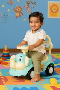 Amazon Brand - Jam & Honey Elephant Car | Ride On for Kids 2 Years+ | Push Car with Backrest | Under Seat Storage | Without Handle | Sea Green