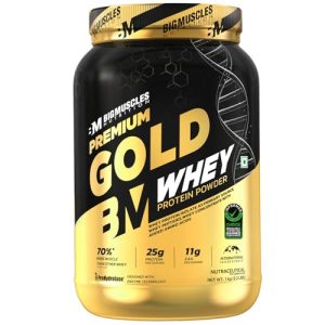 Bigmuscles Nutrition Premium Gold Whey [1Kilogram] | Informed Choice UK Certified | Isolate Protein Blend | 25G Protein | 11G EAA | Prohydrolase Enzyme Technology [Strawberry Milkshake], 37 Grams