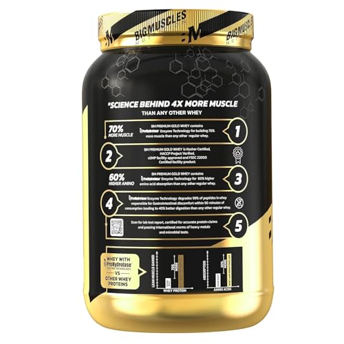 Bigmuscles Nutrition Premium Gold Whey [1Kilogram] | Informed Choice UK Certified | Isolate Protein Blend | 25G Protein | 11G EAA | Prohydrolase Enzyme Technology [Strawberry Milkshake], 37 Grams - Image 5