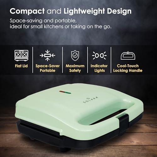 SOLARA Toaster Sandwich Maker Electric, 700 Watts Non Stick Bread Toaster 4 slices with Fixed Plates, Auto Cut Off, Easy Clean, Power Indicators, Compact Storage, Buckle Clip Handle - Aqua - Image 3