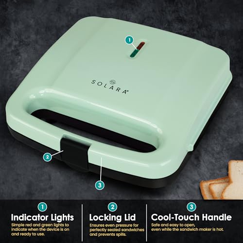 SOLARA Toaster Sandwich Maker Electric, 700 Watts Non Stick Bread Toaster 4 slices with Fixed Plates, Auto Cut Off, Easy Clean, Power Indicators, Compact Storage, Buckle Clip Handle - Aqua - Image 4