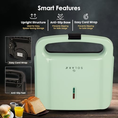 SOLARA Toaster Sandwich Maker Electric, 700 Watts Non Stick Bread Toaster 4 slices with Fixed Plates, Auto Cut Off, Easy Clean, Power Indicators, Compact Storage, Buckle Clip Handle - Aqua - Image 5