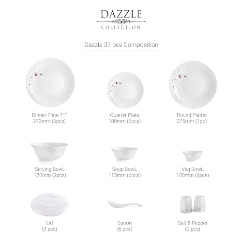 Cello Opalware Dazzle Lush Fiesta Dinner Set, 37 Units, White |Opal Glass Dinner Set for 6 | Light-Weight, Daily Use Crockery Set for Dining | White Plate and Bowl Set - Image 4