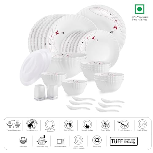 Cello Opalware Dazzle Lush Fiesta Dinner Set, 37 Units, White |Opal Glass Dinner Set for 6 | Light-Weight, Daily Use Crockery Set for Dining | White Plate and Bowl Set - Image 6