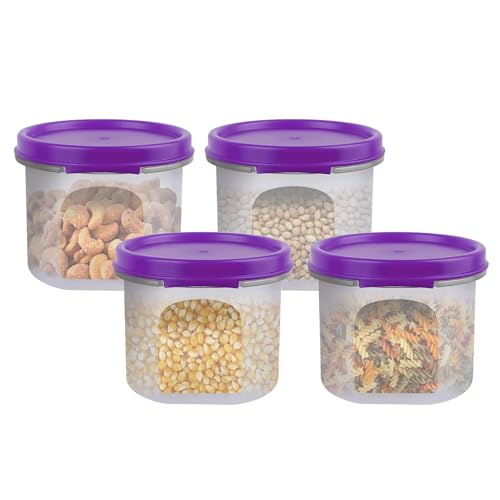 SIMPARTE Smart Slim Storage Air-Tight & Leak Resistant Plastic Round Modular Container For Juice, Snack, Condiment, Dry Fruit, Flax & Chia Seed Stackable, BPA Free (Purple, 250 ML, Set of 4)