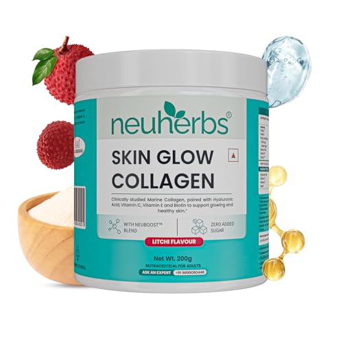 Neuherbs Collagen Supplement | Marine Skin Glow Collagen Peptides for Men & Women | With Hyaluronic Acid, Biotin, Vitamin C & E for Glowing & Youthful Skin | Litchi Flavour, 200g