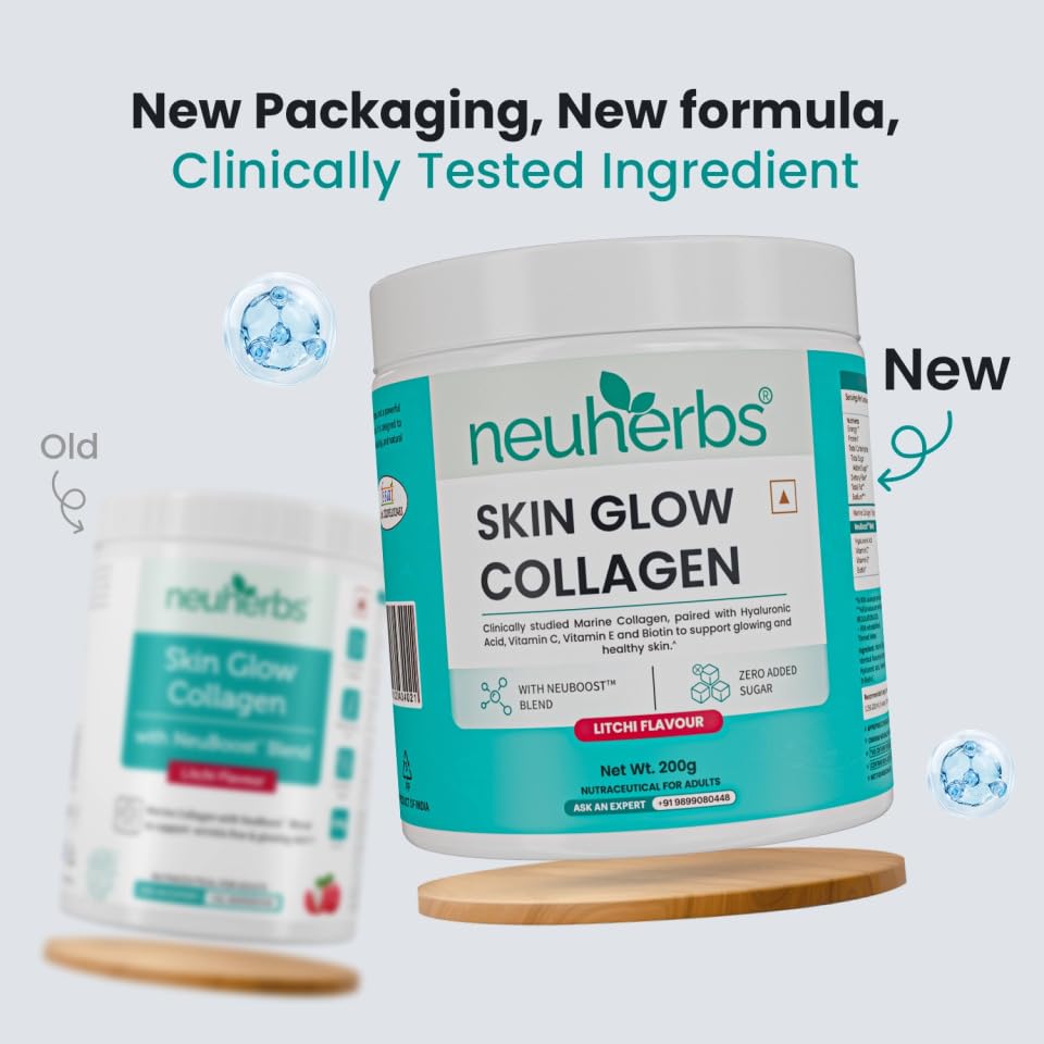Neuherbs Collagen Supplement | Marine Skin Glow Collagen Peptides for Men & Women | With Hyaluronic Acid, Biotin, Vitamin C & E for Glowing & Youthful Skin | Litchi Flavour, 200g - Image 2