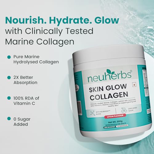 Neuherbs Collagen Supplement | Marine Skin Glow Collagen Peptides for Men & Women | With Hyaluronic Acid, Biotin, Vitamin C & E for Glowing & Youthful Skin | Litchi Flavour, 200g - Image 4