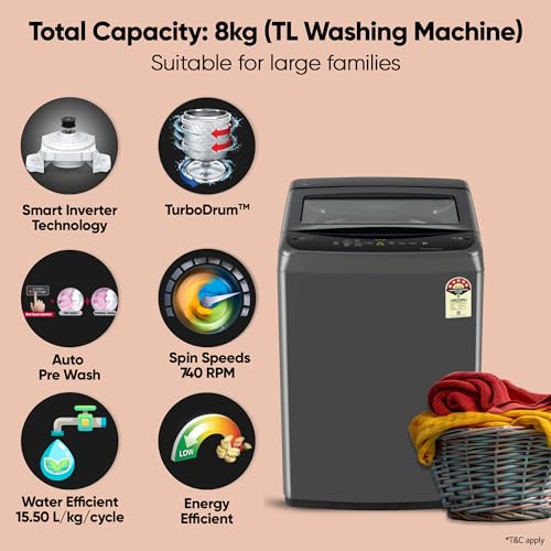 LG 8 Kg 5 Star Smart Inverter Technology Fully Automatic Top Load Washing Machine (T80VBMB4Z, Turbodrum, Auto Prewash, Stainless Steel drum, LED Display, Smart Diagnosis, Middle Black) - Image 3