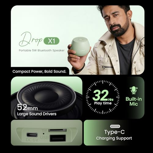 HAMMER Drop X1 5W Bluetooth Speaker with Twin Pairing, Bluetooth v6.0, 32 Hours Playtime, 52mm Drivers (Green) - Image 2