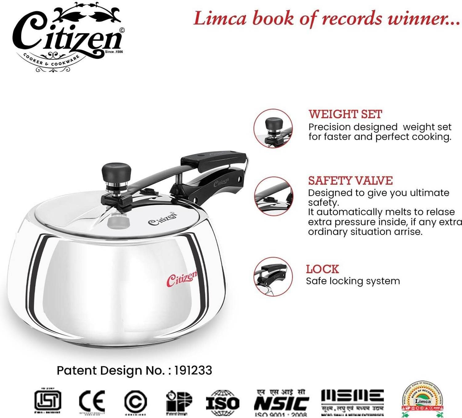 CITIZEN CITIZEN Handi 2 Ltr Stainless Steel with Sandwich Bottem Inner Lid Pressure Cooker 2 L Inner Lid Pressure Cooker - Image 4