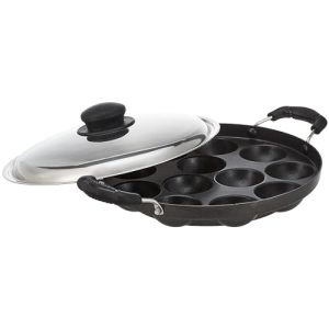 Amazon Brand -Solimo Aluminium Non-Stick Appam Patra - 12 Cavities 22.8 cms | 2 Side Handles with Stainless Steel Lid | 2-Layered PFOA, PFOS and Toxin-Free Coating | Appam Pan | Litti Maker (Black)
