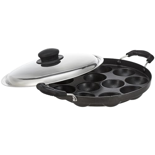 Amazon Brand -Solimo Aluminium Non-Stick Appam Patra - 12 Cavities 22.8 cms | 2 Side Handles with Stainless Steel Lid | 2-Layered PFOA, PFOS and Toxin-Free Coating | Appam Pan | Litti Maker (Black)