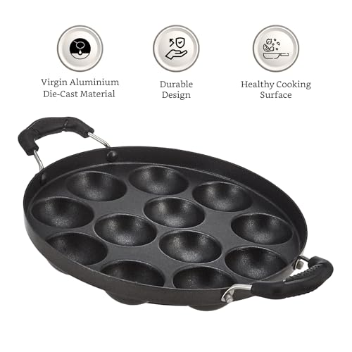 Amazon Brand -Solimo Aluminium Non-Stick Appam Patra - 12 Cavities 22.8 cms | 2 Side Handles with Stainless Steel Lid | 2-Layered PFOA, PFOS and Toxin-Free Coating | Appam Pan | Litti Maker (Black) - Image 3