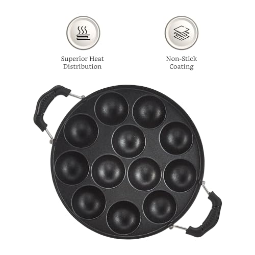 Amazon Brand -Solimo Aluminium Non-Stick Appam Patra - 12 Cavities 22.8 cms | 2 Side Handles with Stainless Steel Lid | 2-Layered PFOA, PFOS and Toxin-Free Coating | Appam Pan | Litti Maker (Black) - Image 4