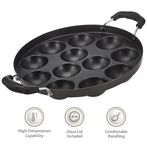 Amazon Brand -Solimo Aluminium Non-Stick Appam Patra - 12 Cavities 22.8 cms | 2 Side Handles with Stainless Steel Lid | 2-Layered PFOA, PFOS and Toxin-Free Coating | Appam Pan | Litti Maker (Black) - Image 5