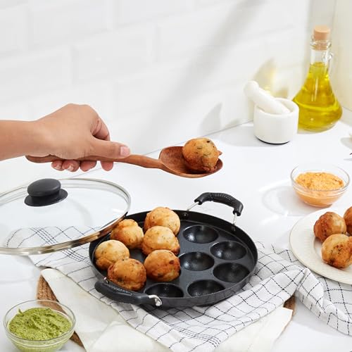 Amazon Brand -Solimo Aluminium Non-Stick Appam Patra - 12 Cavities 22.8 cms | 2 Side Handles with Stainless Steel Lid | 2-Layered PFOA, PFOS and Toxin-Free Coating | Appam Pan | Litti Maker (Black) - Image 6