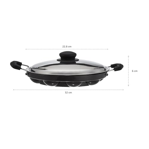 Amazon Brand -Solimo Aluminium Non-Stick Appam Patra - 12 Cavities 22.8 cms | 2 Side Handles with Stainless Steel Lid | 2-Layered PFOA, PFOS and Toxin-Free Coating | Appam Pan | Litti Maker (Black) - Image 7
