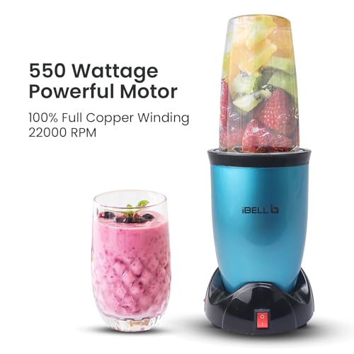 iBELL NB50 Nutri Blender Mixer Grinder - Smoothie Maker, 550Watts, 22000RPM, 100% Copper Motor with 2 Unbreakable Jars, 2 SS Blades & Sprinkler Lid + 2 (Blue) - Image 3