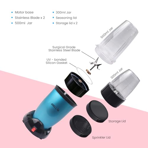 iBELL NB50 Nutri Blender Mixer Grinder - Smoothie Maker, 550Watts, 22000RPM, 100% Copper Motor with 2 Unbreakable Jars, 2 SS Blades & Sprinkler Lid + 2 (Blue) - Image 4