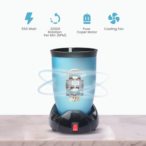 iBELL NB50 Nutri Blender Mixer Grinder - Smoothie Maker, 550Watts, 22000RPM, 100% Copper Motor with 2 Unbreakable Jars, 2 SS Blades & Sprinkler Lid + 2 (Blue) - Image 5