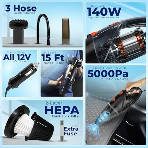 WOSCHER AutoVac Pro High Power Auto Car Vacuum Cleaner for Deep Cleaning, Hand Held Portable Car Vacuum with DC 12V, 140W Vacuum Motor & Powerful Suction 5000PA, Black - Image 3