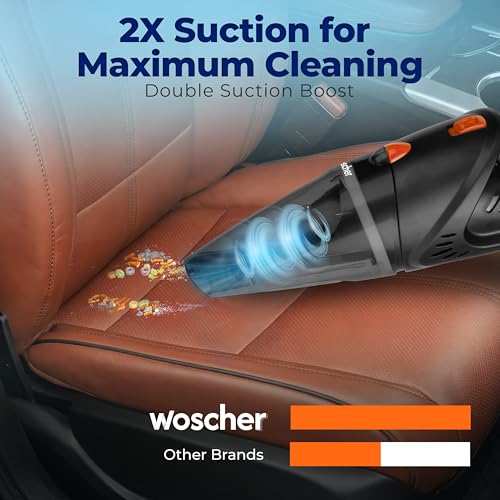 WOSCHER AutoVac Pro High Power Auto Car Vacuum Cleaner for Deep Cleaning, Hand Held Portable Car Vacuum with DC 12V, 140W Vacuum Motor & Powerful Suction 5000PA, Black - Image 7