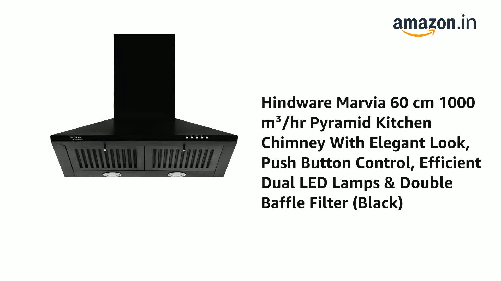 Hindware Smart Appliances | Marvia 60 cm Chimney | 1000 CMH | Pyramid | Push Button | Efficient Dual LED Lamps and Double Baffle Filter | 5 Yrs Warranty on Motor & 2 Yrs on Product (Black) - Image 2
