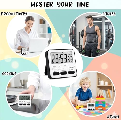 GLUN® Digital Kitchen Timer with Clear Loud Alarm for Cooking, Stop Watches Timer Clock with Alarm & Magnetic Back, LCD Backlit Display, Classroom for Kids & Teachers Black Back - Image 2