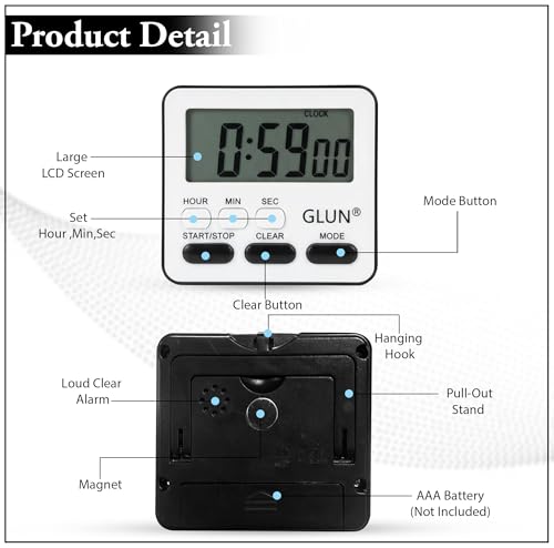 GLUN® Digital Kitchen Timer with Clear Loud Alarm for Cooking, Stop Watches Timer Clock with Alarm & Magnetic Back, LCD Backlit Display, Classroom for Kids & Teachers Black Back - Image 3
