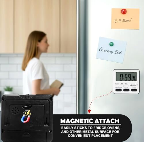 GLUN® Digital Kitchen Timer with Clear Loud Alarm for Cooking, Stop Watches Timer Clock with Alarm & Magnetic Back, LCD Backlit Display, Classroom for Kids & Teachers Black Back - Image 6