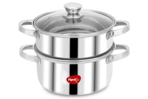 Pigeon By Stovekraft Steel X Steamer Stainless Steel Induction Base, Modak Maker/Momo Maker, Dual Compartment With Glass Lid, 4.6L Capacity, Silver, 4.6 litres