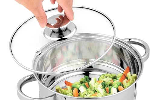 Pigeon By Stovekraft Steel X Steamer Stainless Steel Induction Base, Modak Maker/Momo Maker, Dual Compartment With Glass Lid, 4.6L Capacity, Silver, 4.6 litres - Image 4