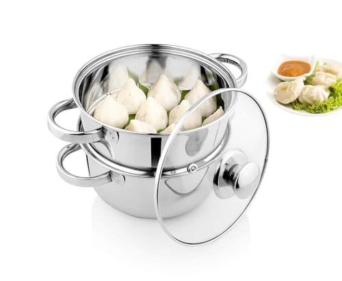 Pigeon By Stovekraft Steel X Steamer Stainless Steel Induction Base, Modak Maker/Momo Maker, Dual Compartment With Glass Lid, 4.6L Capacity, Silver, 4.6 litres - Image 5
