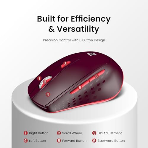 Portronics Toad 32 Wireless Mouse with 6 Buttons, 2.4 GHz Connectivity, 10m Working Range, Ergonomic Design, Adjustable Optical DPI, Auto Power Saving, for Laptop & PC (Red) - Image 4
