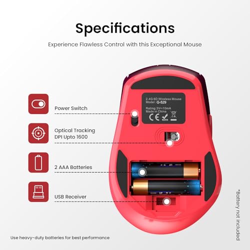 Portronics Toad 32 Wireless Mouse with 6 Buttons, 2.4 GHz Connectivity, 10m Working Range, Ergonomic Design, Adjustable Optical DPI, Auto Power Saving, for Laptop & PC (Red) - Image 6