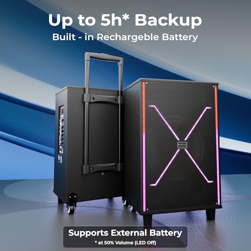 Zebronics 120W Party Trolley DJ Speaker, Upto 5h Playback, Dual UHF Mic, Karaoke, Full-Range 30.48cm Driver, TWS, 6.3mm Mic & Guitar in, Bluetooth, USB, AUX, RGB, LED Display (Party Fyre 400) - Image 4